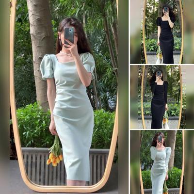 Women Spring Dress Square Neck Long Sleeve Slim Fit Tight Waist Pure Color Split Retro Elegant Lady Midi Dress