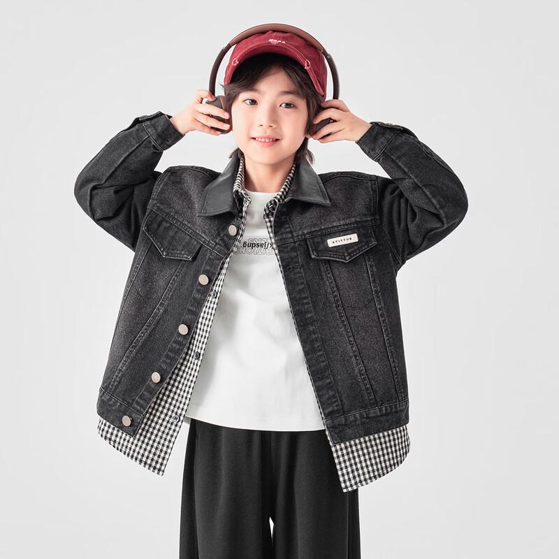 Boys' Faux Leather Collar Patchwork Denim Jacket