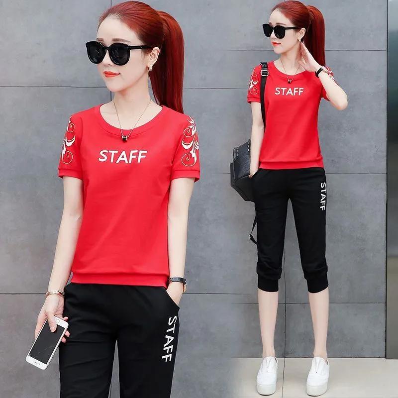 Damen Sommer Freizeit Schlankmachendes Sportbekleidungsset, Rundhals Kurzarm T-Shirt+Cropped Hose Zweiteiliges Set