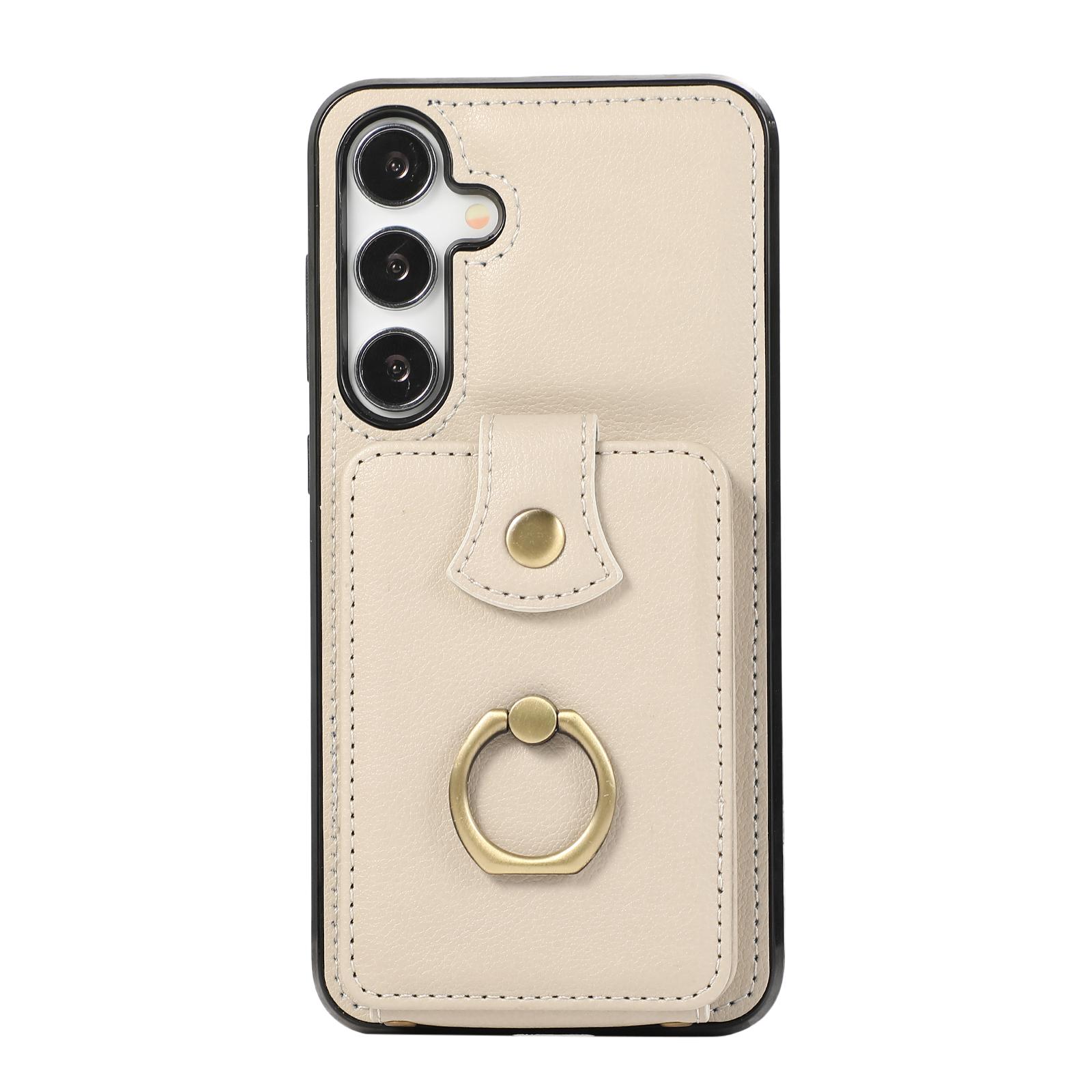 

For Samsung Galaxy A25 5G (Global) (161.0 x 76.5 x 8.3mm) TPU+PU Leather Phone Cover Card Holder Kickstand Phone Case Beige