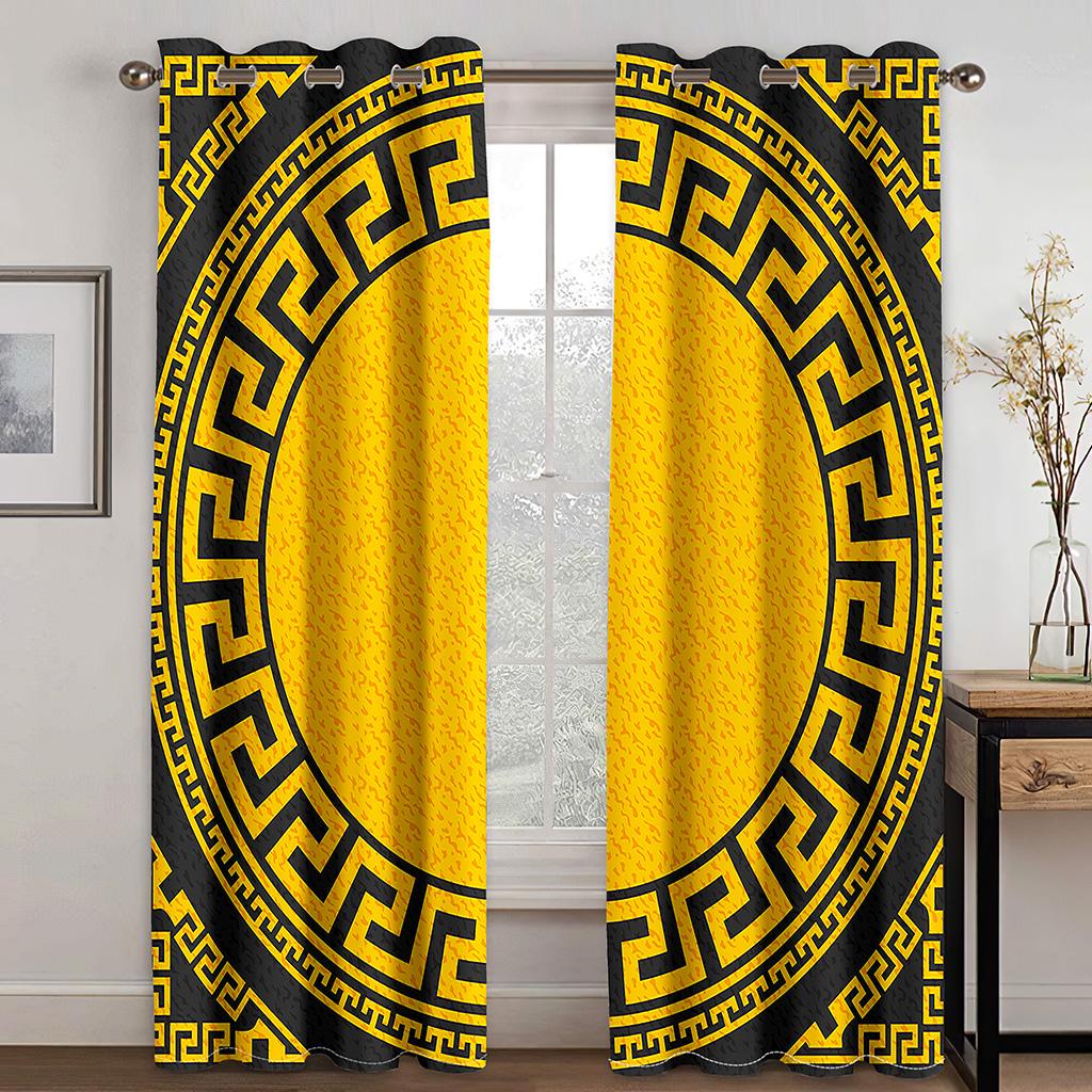 Luxury Gold Black Abstract Greek Key MeanderOn Sale Window Curtains for Kids Bedroom Living Room Kitchen Door Home Decor 2Pieces