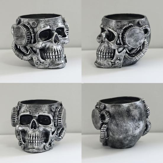 Resin Skull Planter Steampunk Machinism Human Skull Plant Pot Gothic Flower Vase with Drainage Hole for Home Office Decor