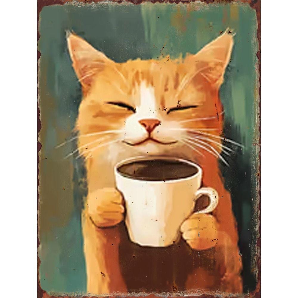 Retro Katze Kaffee Metallblechschild Wanddeko Vintage Küchenkunst 20x30 cm