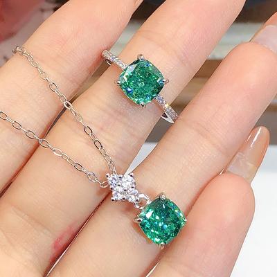 Light Luxury Emerald Ice Flower Cut Princess Square Pendant Necklace Inlaid With High Carbon Diamonds Simple Green Diamond Ring Set