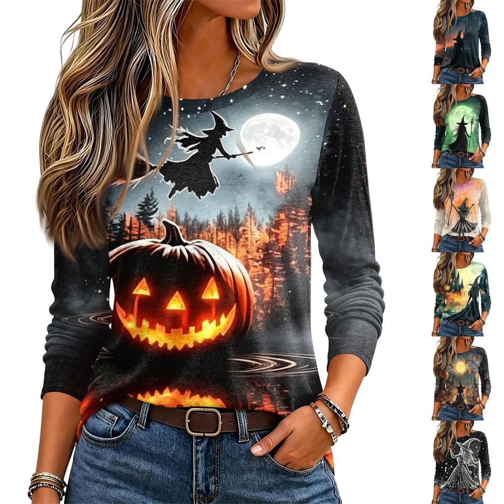 Women's Halloween Printed Neck Long Sleeve Pullover Top