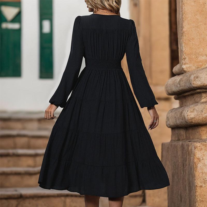 New autumn women's black split-ended long-sleeved dress