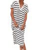 Women's Striped Knit Maxi Dress V Neck Collar Short Sleeve High Slit Beach Dress Plus Size