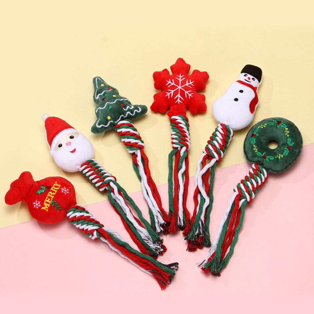 Christmas Dog Squeakey Chew Toys Cotton Ropes Knot Molar Bite Toy Funny Cute Puppies Cat Interactive Toy Xmas Gift Pets Supplies