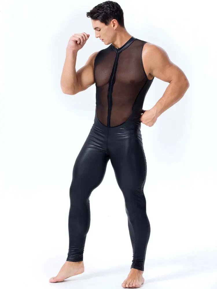 Sexy Mesh Patchwork Men'S Jumpsuit Sleeveless Night Club Bodysuit Dance Wear Man Clothing Elastic Tights Exotic Leotard Male