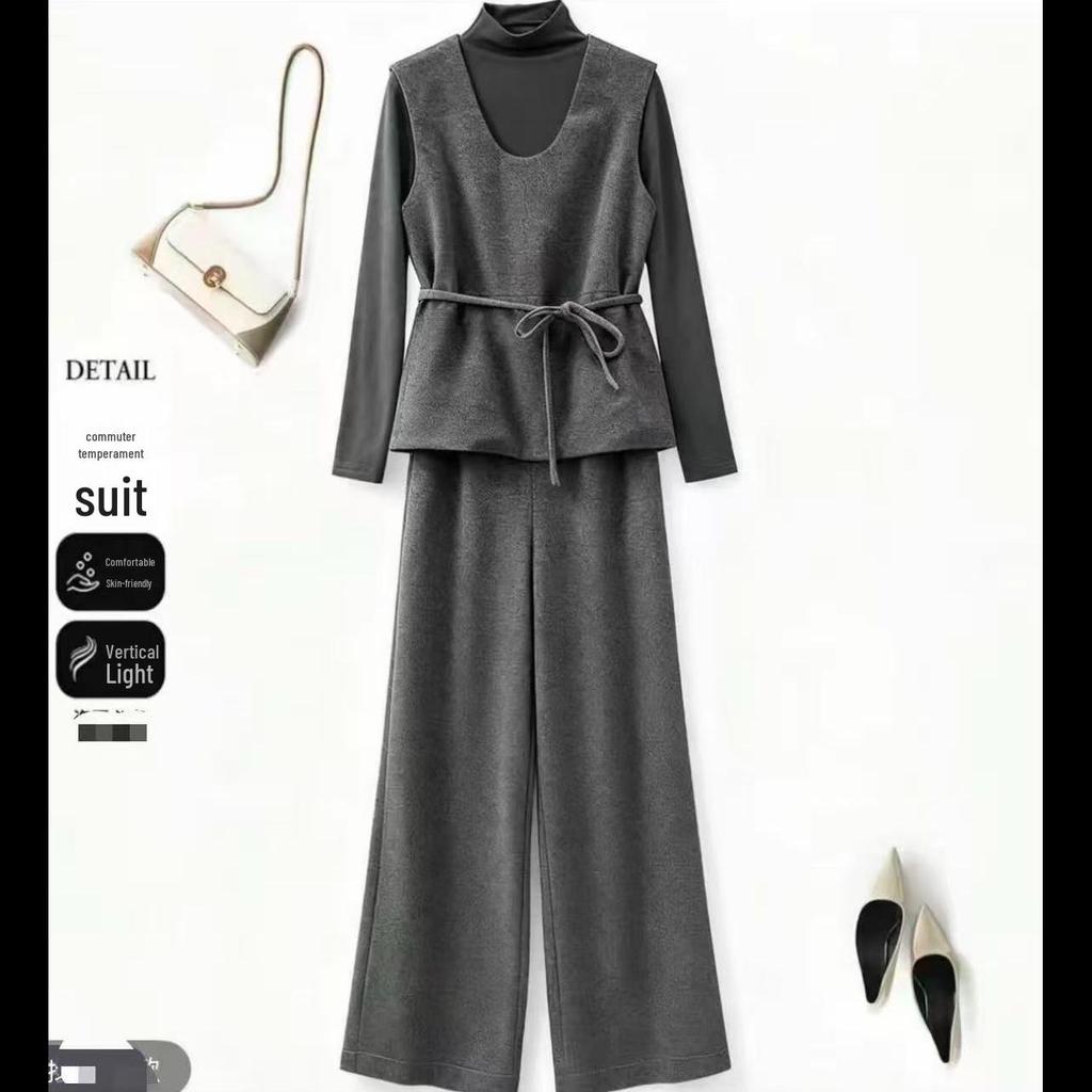 Spring & Autumn Belted Vest and Wide-Leg Pants Three-Piece Set