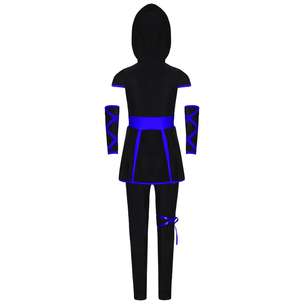 Costume Cosplay Ninja Unisex per Bambini Top con Cappuccio Stampa Drago Ampia Fascia Fondo Spaccato Set Guanti Pantaloni