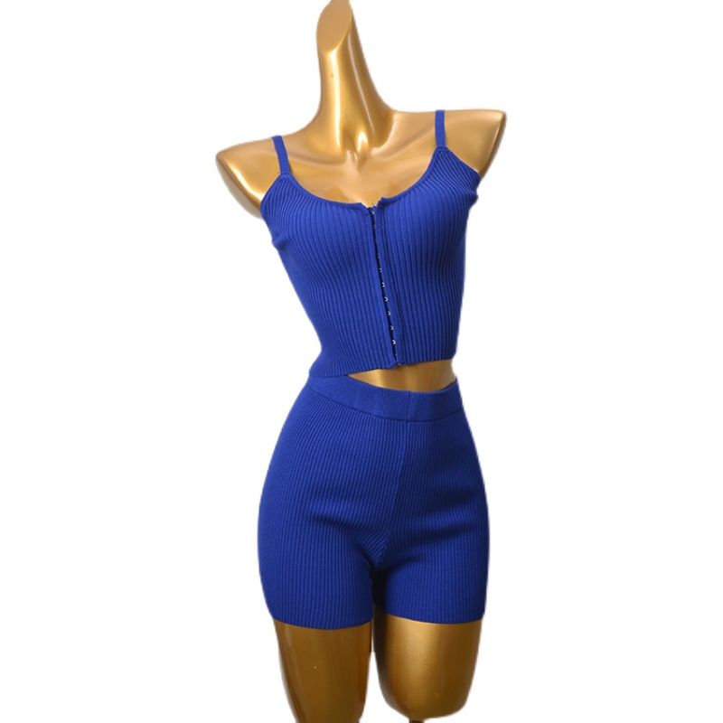 Fashion Style Sexy Metal Buckle Camisole + Thread Shorts Fashion Knit Two-Piece Suit