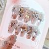 24Pcs Pink French Leopard Hello Kitty False Nails 3D Y2k Star Heart Kitty Cat Rhinestones Press On Nails Cute Cartoon Fake Nails