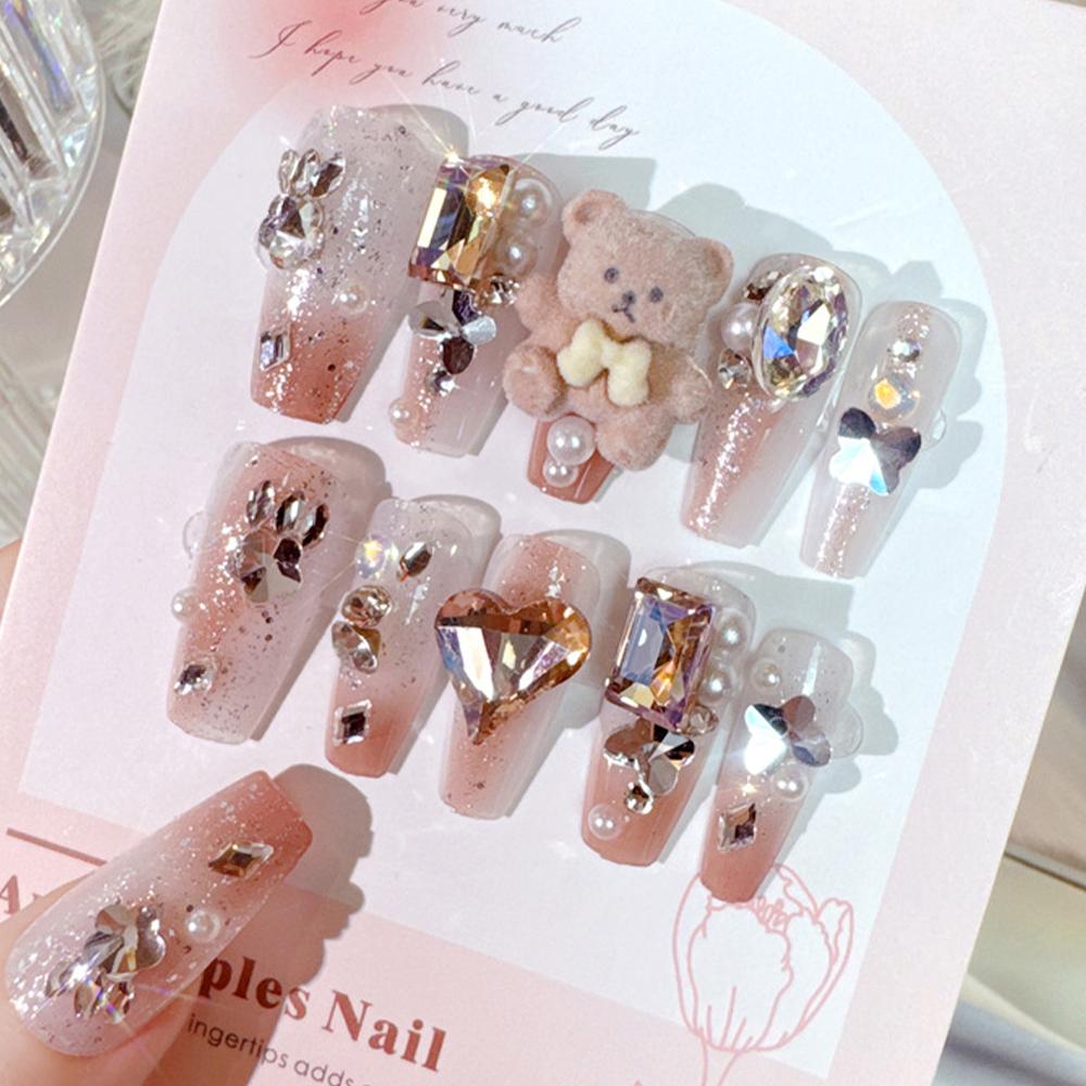 24Pcs Pink French Leopard Hello Kitty False Nails 3D Y2k Star Heart Kitty Cat Rhinestones Press On Nails Cute Cartoon Fake Nails
