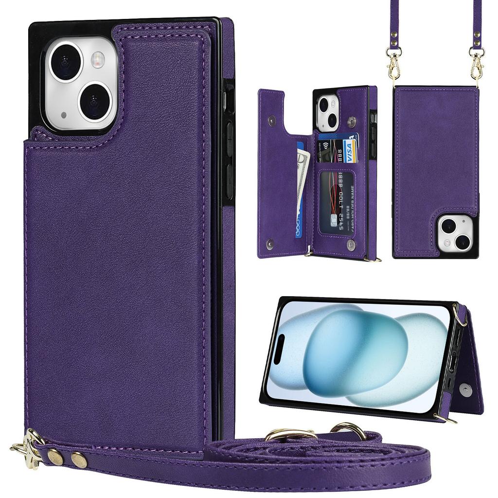 For iPhone 15 RFID Blocking Card Holder Back Cover Kickstand Phone Case with Shoulder Strap