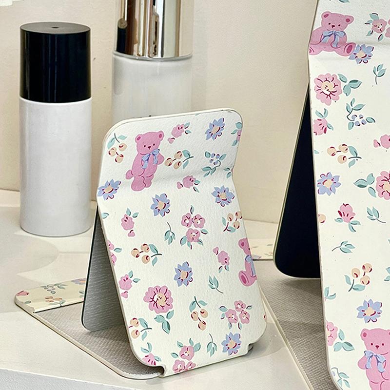 Folding Makeup Mirror High-Quality Portable Desktop Makeup Mirror Single-Side Creative Women Floral Bear Standing Makeup Mirror
