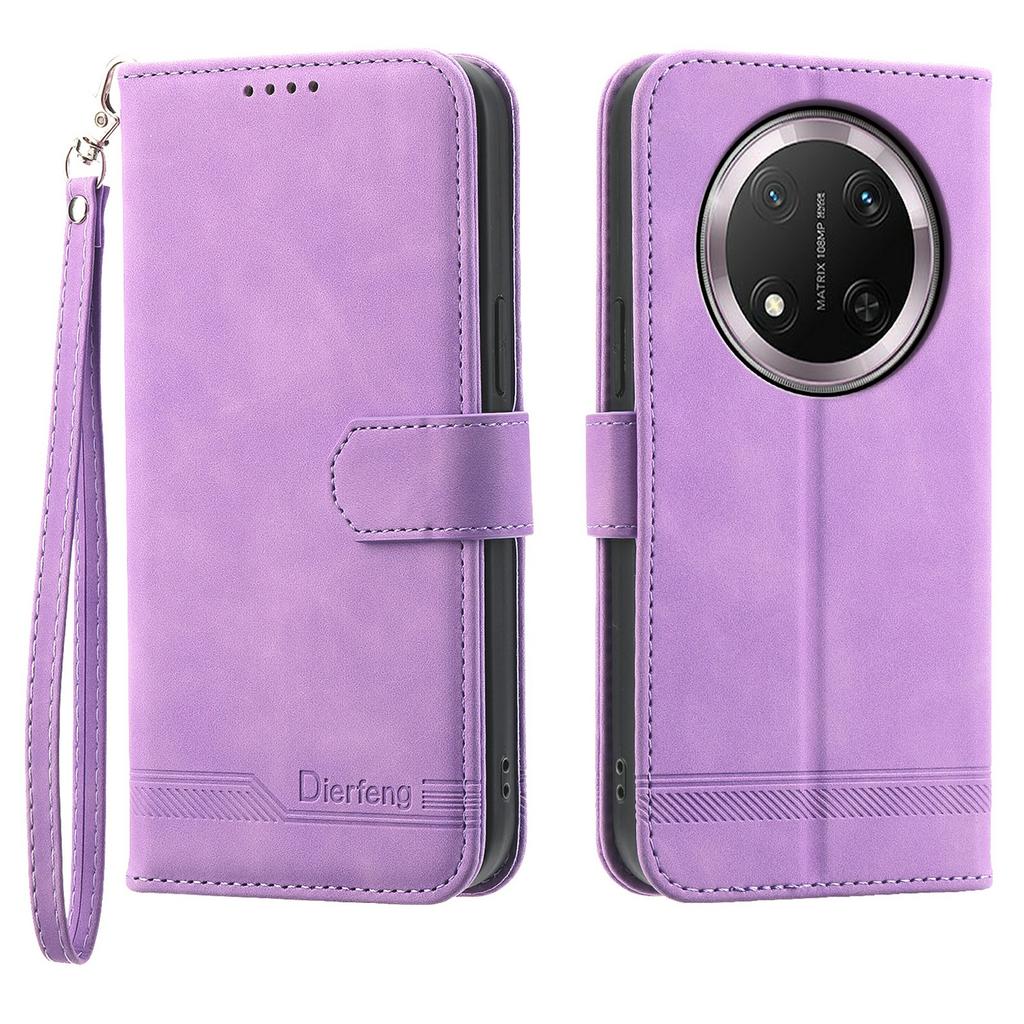 DIERFENG DF-03 Skórzane Etui Na Honor Magic8 Lite 5G / X70 5G / X9d 5G Wzór Linii Portfel Pokrowiec na Telefon z Paskiem na Nadgarstek