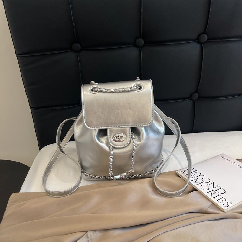 Ielgy Silver Backpack Ladies All-Match Chain Commuter Small Backpack