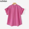 VONDA Women Summer Lace-up Neck Flounces Sleeve Casual Ruffled Long Blouse