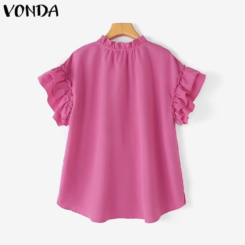 VONDA Women Summer Lace-up Neck Flounces Sleeve Casual Ruffled Long Blouse
