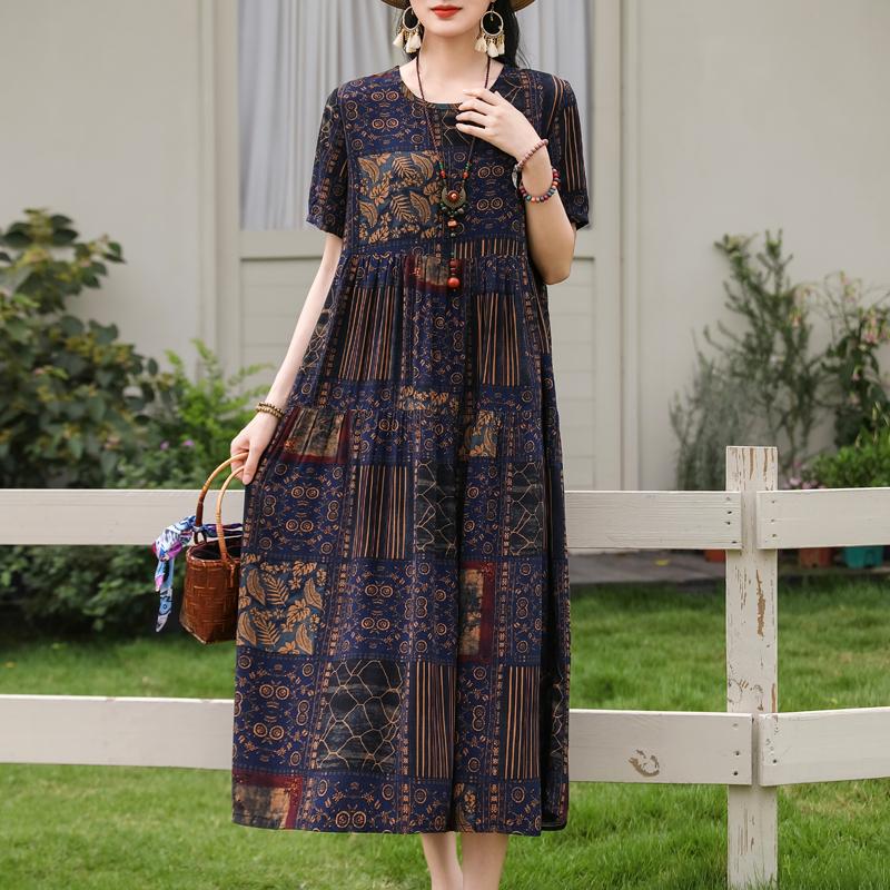 Women's Boho Print Maxi Dress, Loose Casual Short Sleeve Summer Dress (XL-5XL)