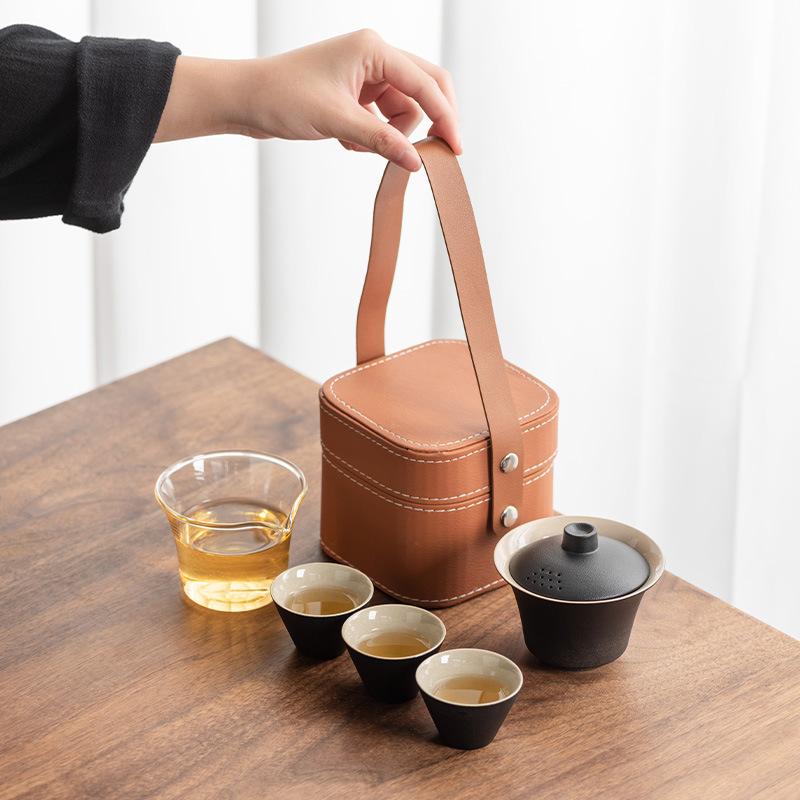 Light Luxury Travel Tea Set Cover Bowl Kuaike Three Cups Outdoor Portable Handbag High-end Ceramic Glass Tea Maker Gift