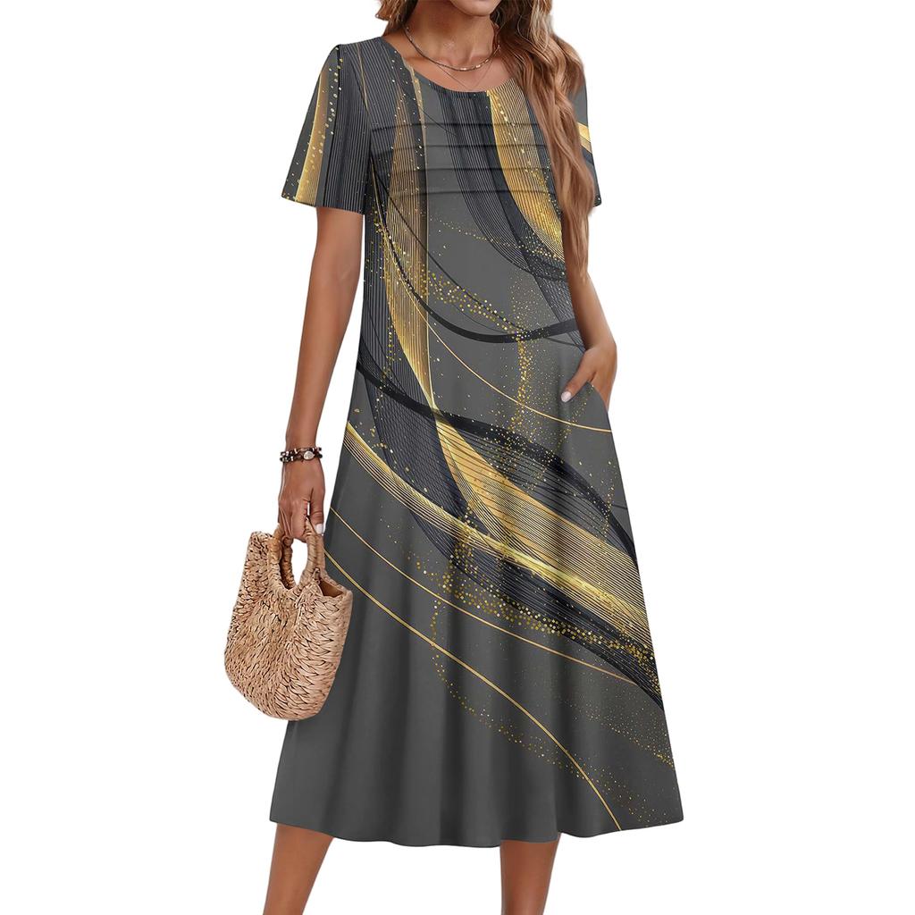 Ladies' Floral Printed Casual And Fashionable Short Sleeved Round Neck Dress