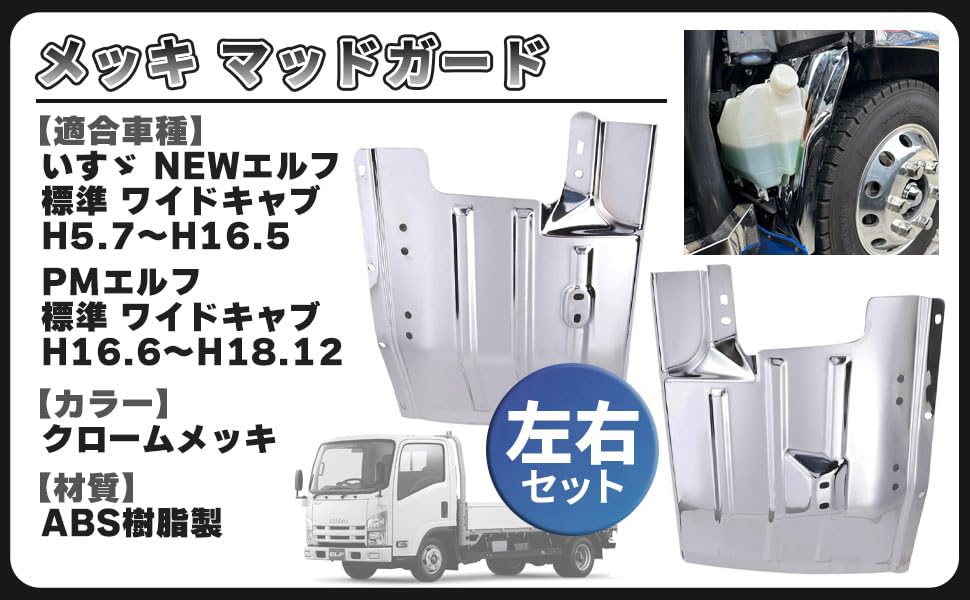 Isuzu NEW Elf Chrome Left and Right ABS Mud Fender Ultra Low Elf Aftermarket Custom Parts Mudguards, Set, Plastic, Flaps, Garnish, PM, Standard/Wide,
