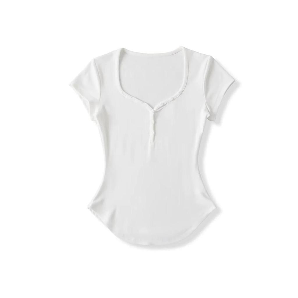 Damen Einfarbiges Slim-Fit T-Shirt mit Herzausschnitt & Gebogenem Saum