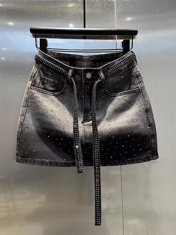 Damen Plus Size High Waist Jeansrock mit Strasssteinen - Retro Farbverlauf A-Linie Sommerrock