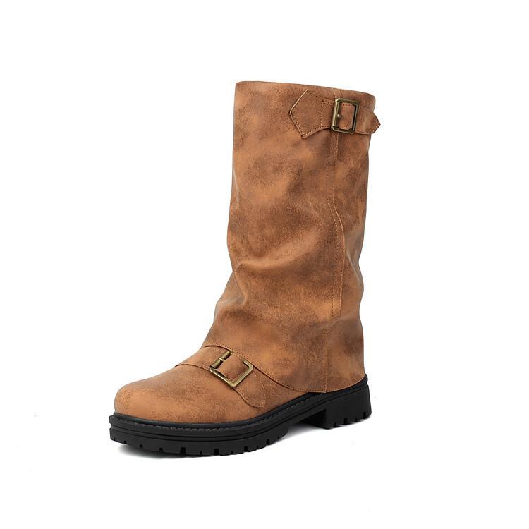 Pants Boots Belt Buckle Round Head Medium Boots Autumn and Winter Large Size Women's Boots