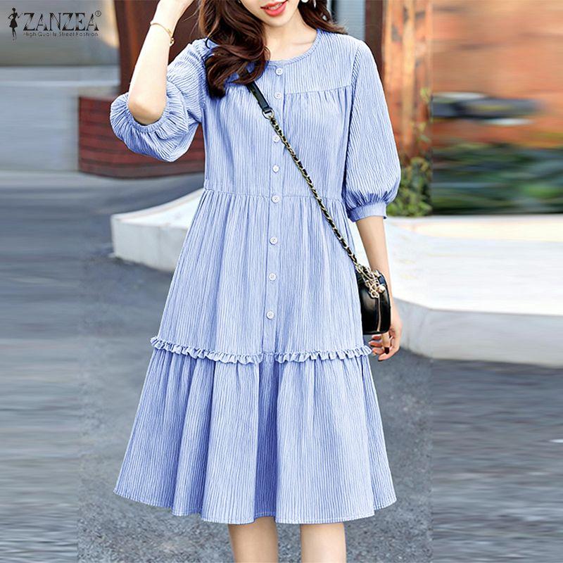 ZANZEA Women Casual Round Neck Half Sleeve Loose Stripe Dress