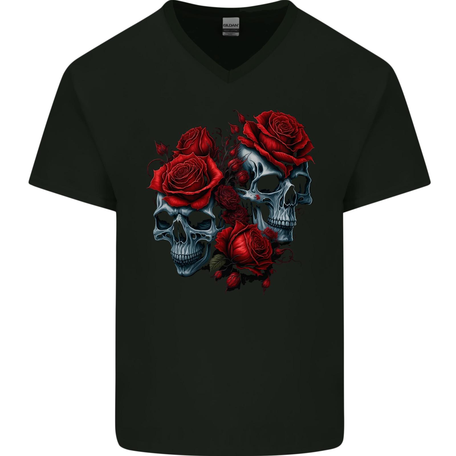 Two Skulls With Roses Gothic Goth Mens V-Neck Cotton T-Shirt 4XL