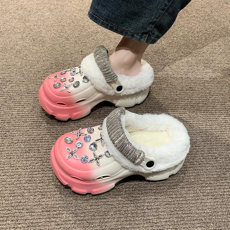 fashion 2024 New Autumn and Winter Women's Casual and Comfortable Solid Color Plush Rhinestone Metal Decorative Cotton Slippers