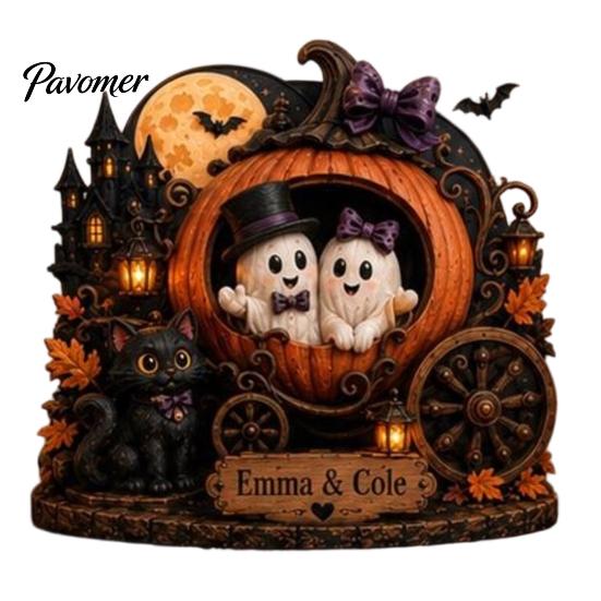 Spooky Party Decorations Halloween Ghost Family Wooden Plaque, Pumpkin Couple Tabletop Sign, Wood Table Ornaments Farmhouse Home Ornament for