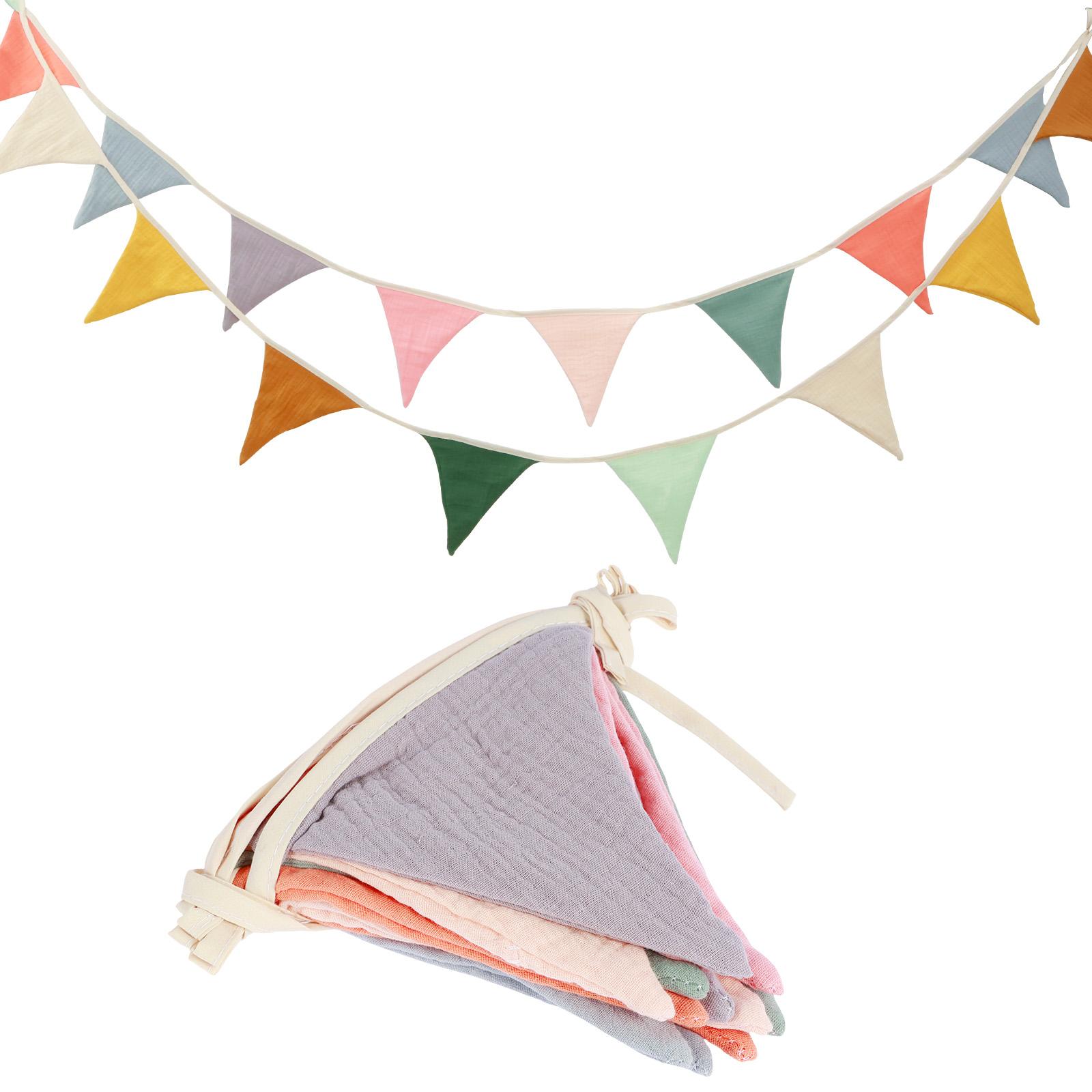 2Set Pennant Cotton Bunting Washable Cotton Fabric 10 Triangle Pennant Flags With Balls Nursery Birthday Party Wall Hanging