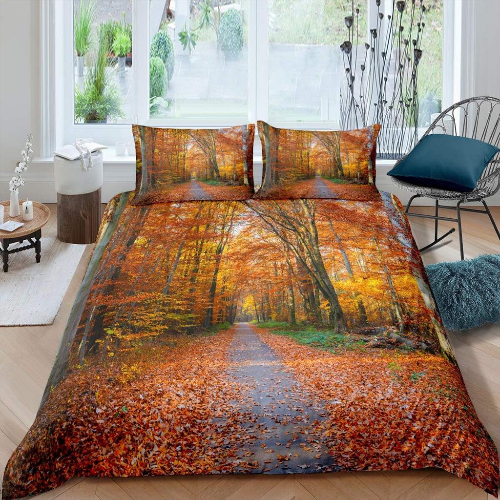 Comforter Autumn Fallen Leaves Red Maple Leaf Nature Bedding Set Sunshine Tree Woods Natural King