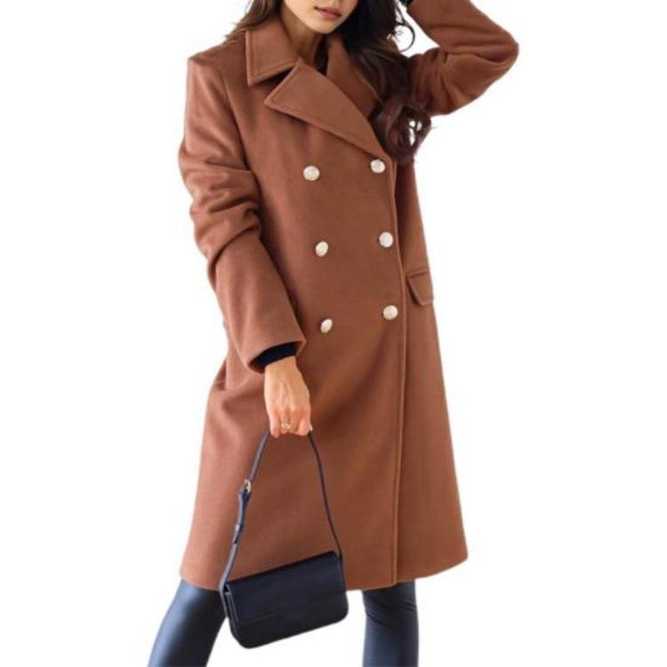 

Winter Coat Women Double Breasted Overcoat Thermal Long Sleeves Loose Fit Turn Down Collar Pockets Pure Color Commuting Dating XXXL коричневий