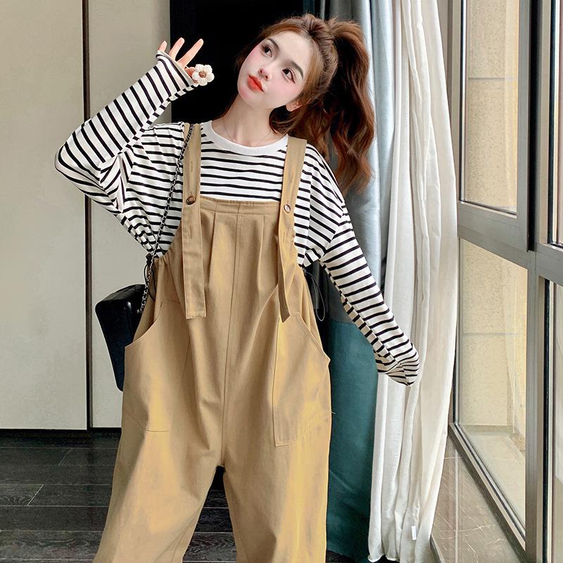 Khaki Women's Age-Defying Overalls and T-Shirt Set - Spring/Summer 2024 Korean Style