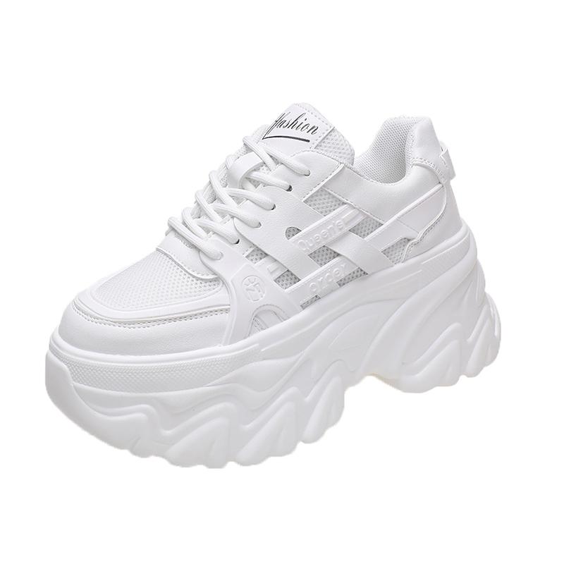 Fashion White Chunky Sneakers Women New 2024 Autumn Hidden Heel Platform Sports Dad Shoes Woman Lace Up Breathable Mesh Casual Shoes 8CM