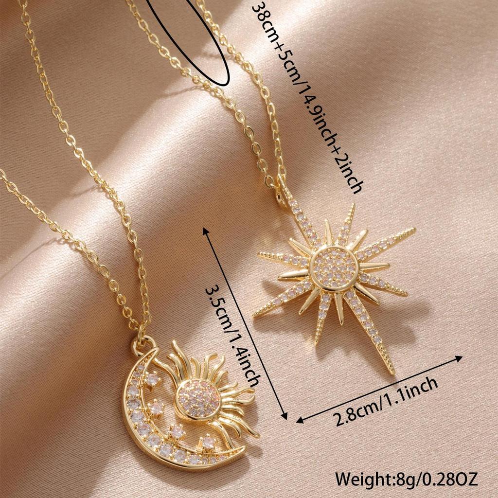 Women's Trendy 2-Piece Gold Sun and Moon Pendant Necklace Set