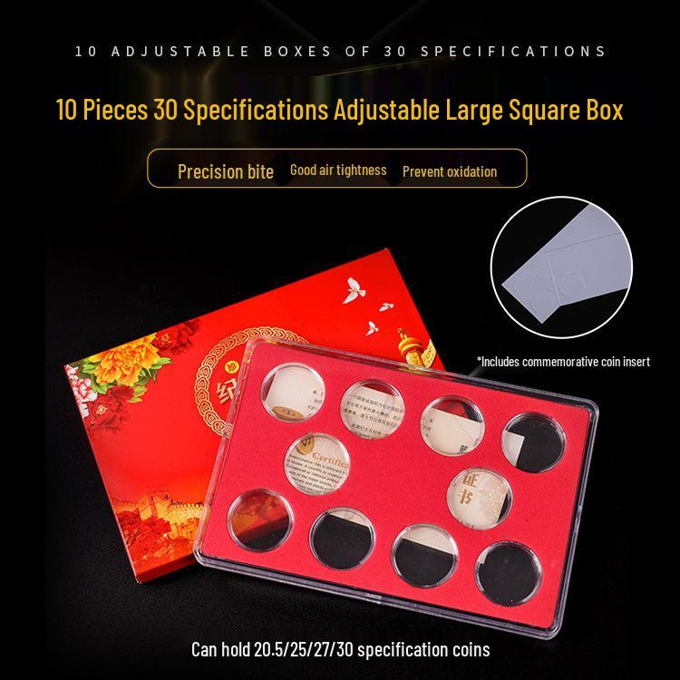 10 Adjustable Red Square Coin Protection Boxes for 10 Yuan Commemorative Coins Shi
