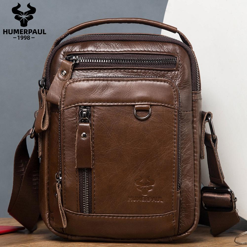 Humerpaul Men's Coffee Genuine Leather Crossbody Bag Large-Capacity Multifunctional Travel Bag