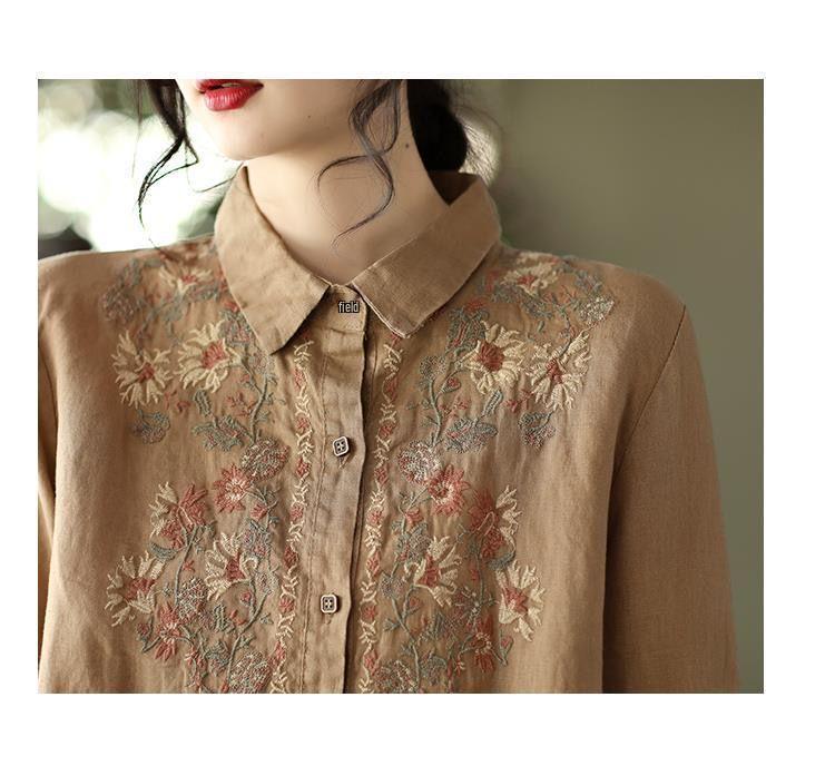 Retro Ethnic Embroidered Cotton Linen Blouse - Women's Long Sleeve, Spring 2025.
