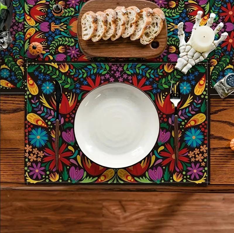 Linen Placemat Dining Table Mat Suitable During Dining Flower Festivals Such As May 5th in Mexico and Day of The Dead Decoration