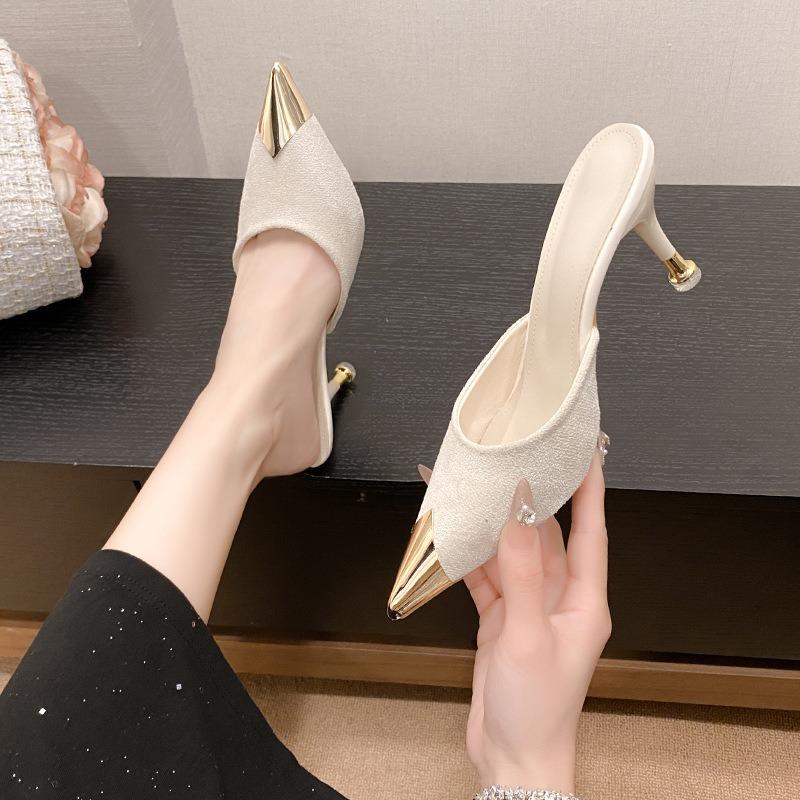Large Size Pointed Stiletto Slippers Women's New Feather Suede Black Bag Head Sandals Half Slippers