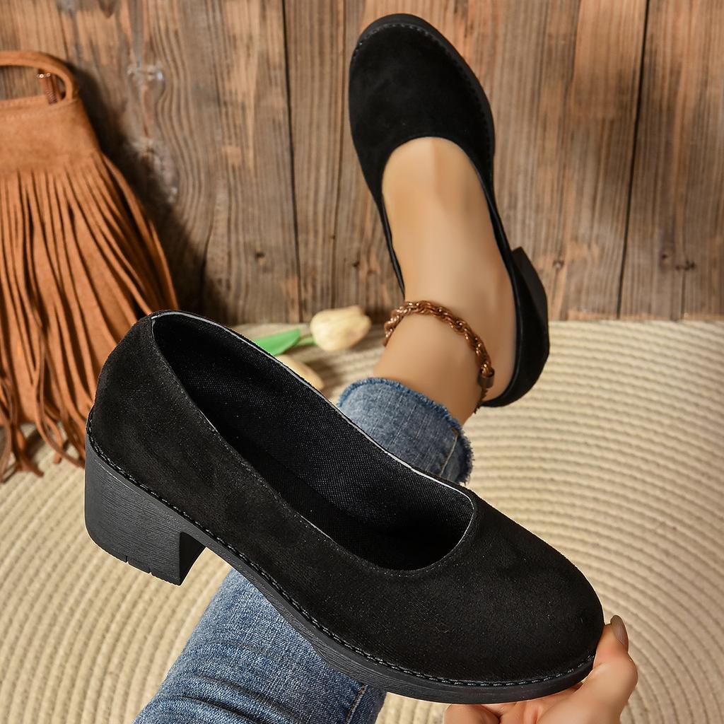 High Quality Spring and Autumn Women's Shoes Fashionable Round Toe Shallow Mouth Medium Heel Suede Slip-On Women's High Heels