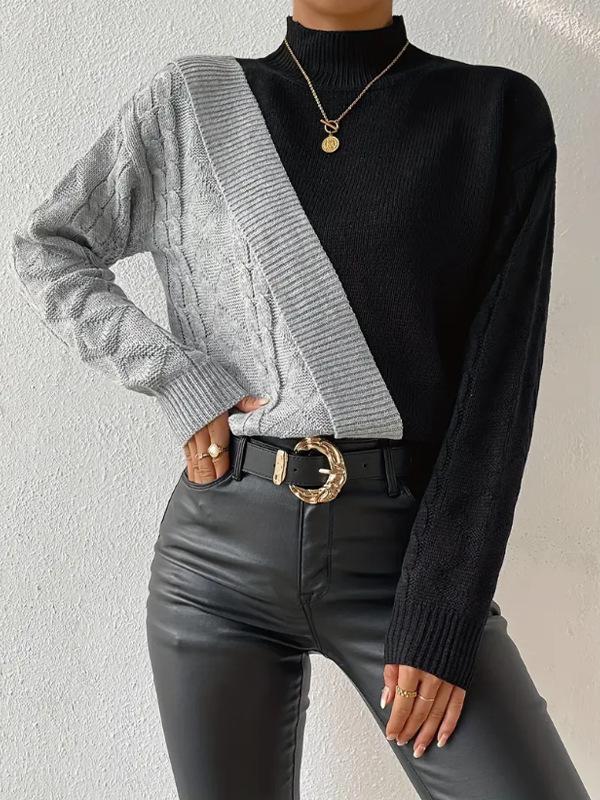 Women's Color Block Half-High Collar Cable Knit Sweater - Autumn/Winter European & American Loose Casual Style