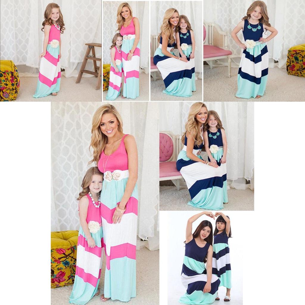Stilvolles Boho-Streifen-Maxikleid für Mama und Kind, perfekt für lässige Partner-Looks