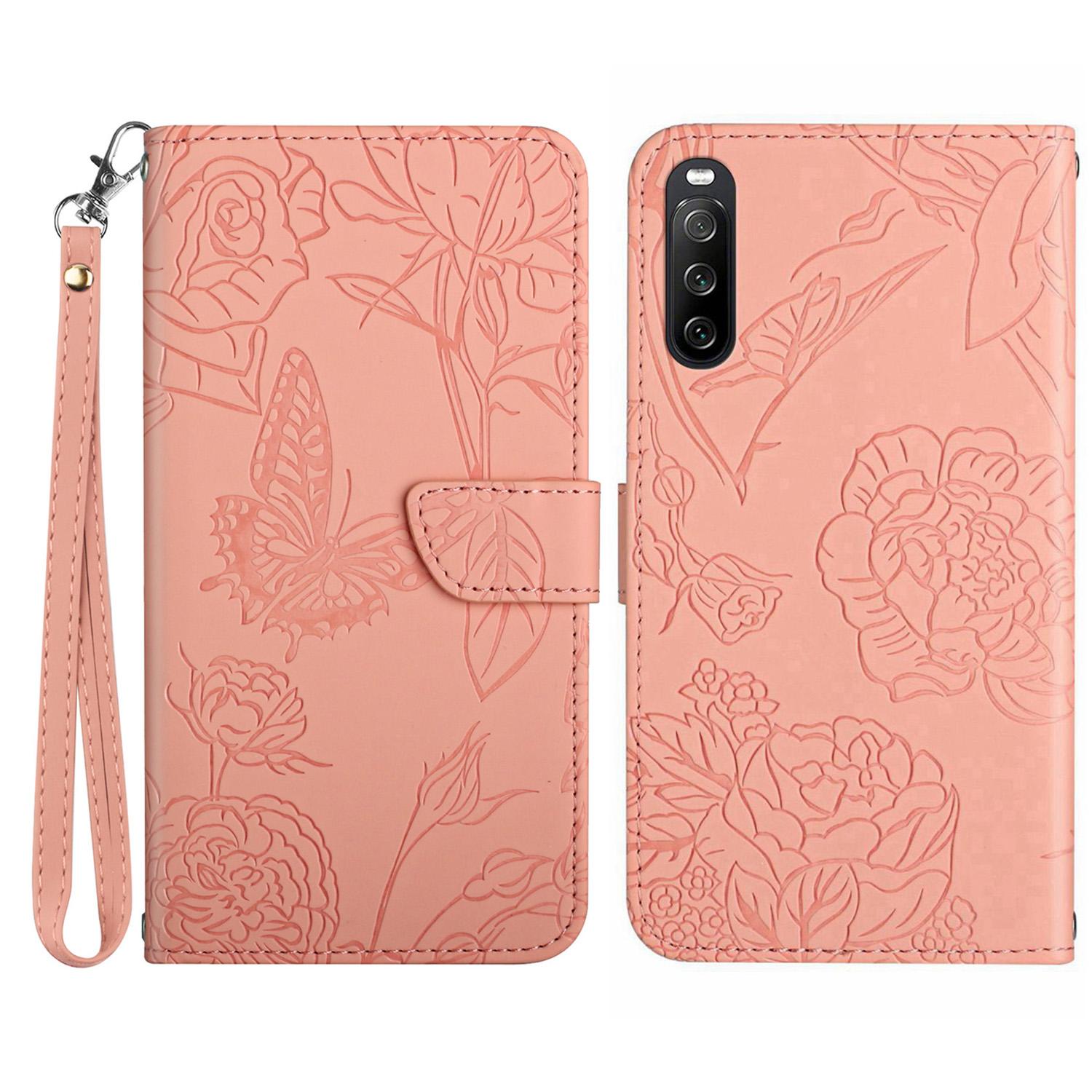 

HT03 PU Leather Flip Phone Case for Sony Xperia 10 V Stand Wallet Butterfly Flowers Imprinted Cover with Strap Pink